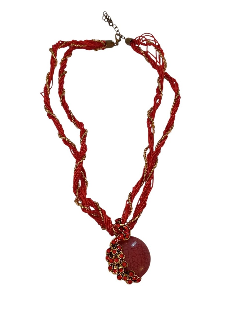 red and gold beaded pendant necklace